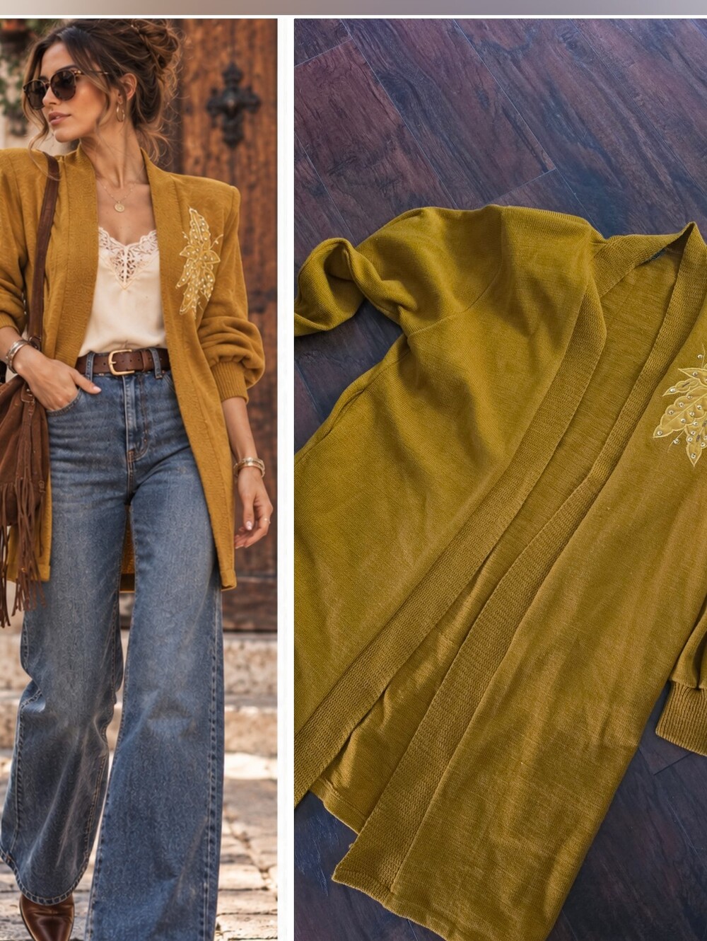 Vintage Mustard Gold Embroidered Open Cardigan Sweater